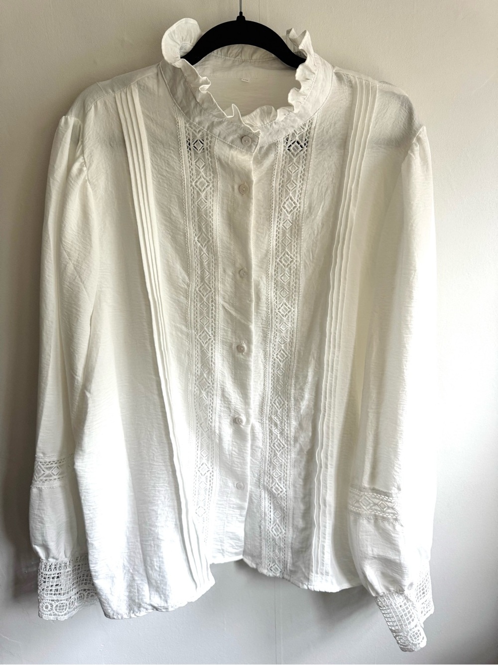 White Ruffled Collar Lace Pintuck Blouse